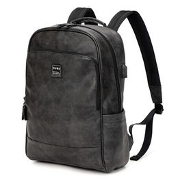 Fashion Grey Leather Laptop Backpack for Men Usb Travel Business Back Bag Student School Leather Bookbag Waterproof Bags Male