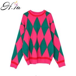 H.SA Autumn Winter Aygyle Sweater for Women Oneck Long Sleeve Knitted Pullover Cashmere Pink Blue Argyle Jumpers Pull Femme 210716