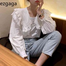 Ezgaga Lace Patchwork Blouse Women Peter Pan Collar Chic Spring Korean Fashion Loose Sweet Long Sleeve Shirts Casual 210430