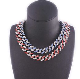 Women's Blue Crystal Cuban Chain Link, Women's Round Neck, Ice Red, Pink, Gold, Silver, 12mm Wide Rap Jewellery Q0809