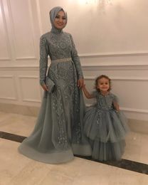 Aso Ebi Arabic Muslim Lace Beaded Evening Dresses Sier Kaftan Long Sleeves Tulle Formal Party Second Reception Prom Gown