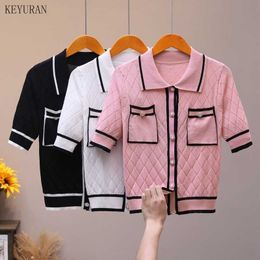 Summer New lightweight Knitted T-shirt Women's Fashion Lapel Short-Sleeved Cardigan Pocket Design Pink Short Knitwear Tops Coat X0628