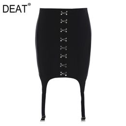 Spring And Summer Metal Hook Buckle Personality Punk Irregular Slim Mini Solid Black Skirt For Women GX1253 210421