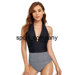 Black One Piece Swimsuit Women Deep V-Neck Swimwear Halter Bathing Suit Backless Summer Beach Wear Plus Size Bodysuit 2021