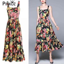 vintage summer midi dress tropical flower fruit printed camisole square collar dresses lady traf vestidos de mujer casual 210421