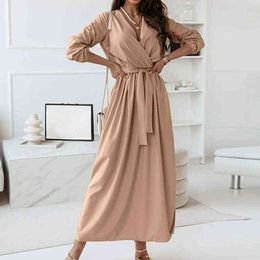 Office Lady Solid Dress Sping Autumn New Long Sleeve Loose Hem Party Dress Women Elegant V Neck Lace-Up Belt Maxi Dress Vestidos Y1204