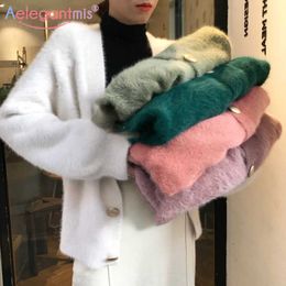 Aelegantmis Stylish Cardigan Knitted Sweater Women Autumn Casual V Neck Woman Sweaters Ladies Single Breasted Knit Outerwear 210607