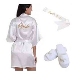 3pc set of glitter gold satin short bride slippers bridal sash peignoir women Bridal Party kimono robe