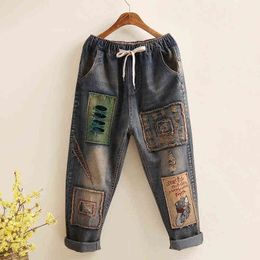 Art Style Patchwork Embroidery Loose Vintage Women Jeans Hole Design Elastic Waist All Cotton Denim Ladies Harem Pants D101 211129