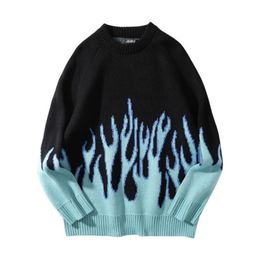 Autumn winter fashion men and women hip hop streetwear retro flame pattern loose knitted warm o-neck oversize pullover sweater 210914