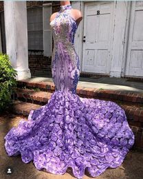 Lilac Lavender Prom Dresses Exquisite Beaded Top High Neck 3D Flowers Mermaid Vestidos De Fiesta Party Evening Gowns