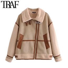 TRAF Women Fashion Patchwork Faux Fur Oversized Jacket Coat Vintage Long Sleeve Pockets Female Outerwear Chic Tops 210415