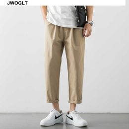 Summer Korean Fashion Mens Pants Streetwear Hipster Black Khaki Gray Drawstring Waist Straight Ankle-Length Trousers 210528