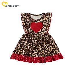 1-6Y Valentines Day Dress For Girls Toddler Kid Child Girl Red Heart Ruffles Leopard Sleeveless 210515