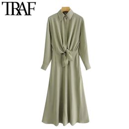 Women Chic Fashion With Knot Pleated Midi Shirt Dress Vintage Long Sleeve Button-up Female Dresses Vestidos Mujer 210507