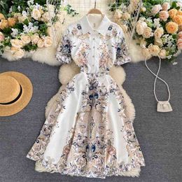 Luxury European Designer Runway Vintage Print long Summer Dress Women Short Sleeve Elegant Vacation Boho Beach Dresses Vestidos 210514