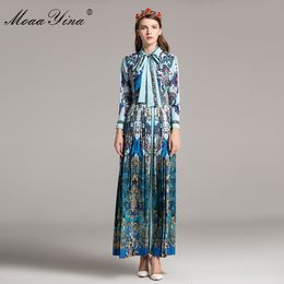 Fashion Designer Runway Classical Maxi Dress Spring Women Long sleeve Ribbon Print Peacock Pleated Exotic 210524