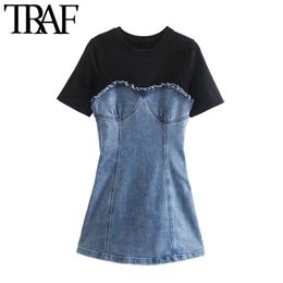 TRAF Women Chic Fashion Patchwork Ruffled Denim Mini Dress Vintage O Neck Short Sleeve Female Dresses Vestidos Mujer 210415