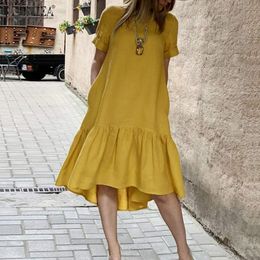 Women Linen Dress Holiday Summer Short Sleeve Sundress Solid Casual Kaftan Ruffles Loose Vestidos Pockets O-Neck Robe Femme 5XL X0521