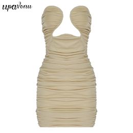 Free Trendy Draped Design Sexy Strapless Sleeveless Bodycon Celebrity Party Club Mesh Mini Dress Vestido 210524
