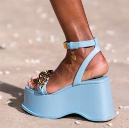 Heels Sheepskin Sandals High Leather SHOES Thick Bottom Metal Square Toes Catwalk Solid Sweet Candy Party Wedding Size