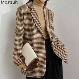 Houndstooth Thick Warm Women Woolen Coat Winter Notched Collar Single-breasted Korean Vintage Female Wool & Blend 210513