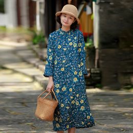 Johnature Retro Stand Print Button Nine Points Sleeve Dress Autumn Simple Comfortable Women Pullover Fashion Dresses 210521