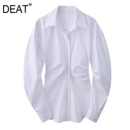 Women White Shirring Single Breasted Blouse Turn-down Collar Long Sleeve Slim Fit Shirt Fashion Tide Summer 7E0839 210421