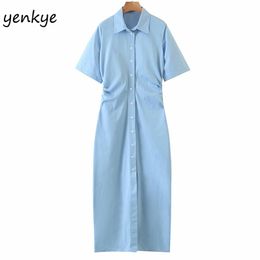Fashion Summer Dress Women Blue Long Female Turn-Down Collar Short Sleeve Ruching Sides Plus Size Vestido 210514