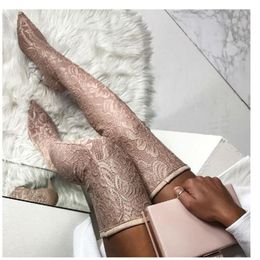 Boots Pointed Toe Over The Knee Woman Sexy Lace Stiletto High Heels Girls Pink Long Female Side Zipper Shoes