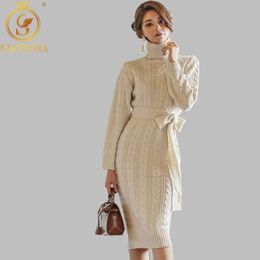 Women Winter Knit Dresses Europe Long Sleeve Turtleneck Casual Slim Warm Sweater Dress Women's Clothing Pullovers 210520
