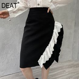 High Elastic Waist Half-body Skirt Women Black Ruffles Lace Patchwork Asymmetrical Fashion Tide Summer 7D0809 210421