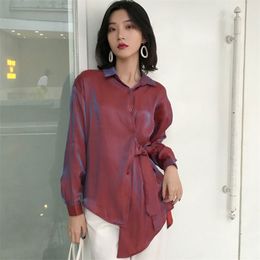 Arrival Spring Autumn Women Long Sleeve Asymmetry Loose Shirts Lustre Satin Face Lacing Blouse Tops Female Blusas S429 210512