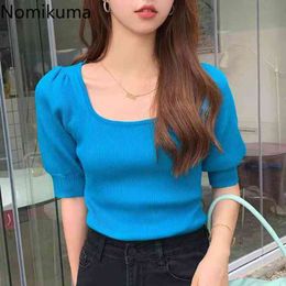 Nomikuma Square Collar Puff Sleeve Knitted Tops Summer New Slim Korean Solid Knitwear Causal Short Sweater Pullovers 6H289 210427