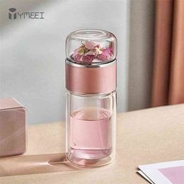 YMEEI 280ML Tea Water Bottle High Borosilicate Glass Double Wall Tea Water Cup Portable Glass Tumbler Stainless Steel Tea Filter 210914