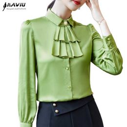 Green High-End Chiffon Shirt Women Autumn Design Long Sleeve Formal Satin Blouses Office Ladies Professional Work Tops 210604