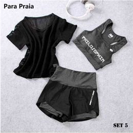 High Waist Three Piece Yoga Set Sportswear for Women Bra Fitness Clothing Shorts Gym Workout Crop Top 210802