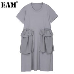 [EAM] Women Grey Pocket Ruffles Big Size Dress Round Neck Short Sleeve Loose Fit Fashion Spring Summer 1DD8718 210512