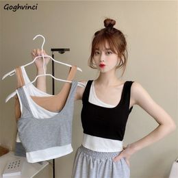 Women Tanks Patchwork Leisure Slim Fake Two Piece Korean Style Daily Workout Wear All-match Irregular Female Comfort Ulzzang New X0507