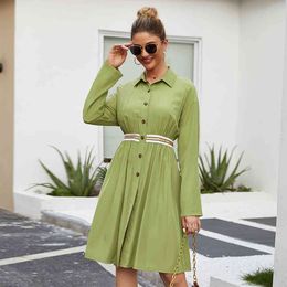 Women Vintage Single-breasted Waist A-line Party Dress Long Sleeve Turn Down Collar Solid Elegant Casual Dress Autumn Dress 210412