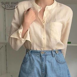 Casual Literary Blouse Women beige shirts Korean O-neck Button Up shirt Pocket Vintage baggy Cotton and Linen Blusas Mujer 12640 210417