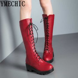 YMECHIC 2021 Red Plus Size Lace Up Mid Calf High Motorcycle Boots Women Fashion Cross Tied White Black Chunky Heel Woman Shoes Y0914