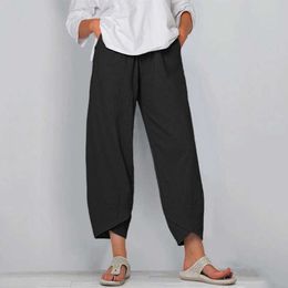 LEWVLIOD Plus Size Cotton Linen Pants Autumn Winter Solid Black Casual High Waist Trousers For Women 2020 New Pocket Long Pants Q0801