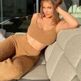 Asia Fluffy Two Piece Set Lounge Sexy 2 Women Sweater knit Tank Top And Pants Casual Homewear Outfits Home Suit 210930