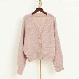 Women Knitted Sweater Coat Button Up Pink V neck Jacket and Cardigans Lantern Sleeve Poncho casaco feminino 210430