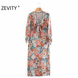 Zevity Women Sexy Deep V Neck Knotted Floral Print Casual Slim Midi Dress Female Pleats Long Sleeve Split Party Vestido DS4634 210603