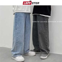 LAPPSTER Men Korean Streetwear Wide Legs Baggy Jeans Mens Autumn Harajuku Vintage Blue Denim Pants Male Casual Cargo Pants 211120