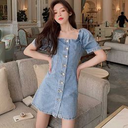 Summer Female High quality Korean Dress Slim Waist Short Puff Sleeve Square Neck Single-Breasted Denim Girls Mini 210529