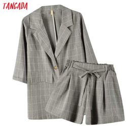 Summer Women Plaid Print Suit 2 Piece Set Blazer and Shorts High Quality 8X03 210416