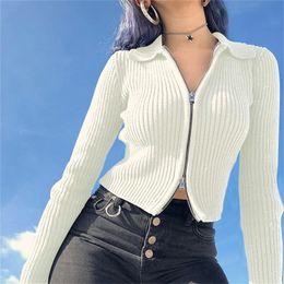 knitted white cropped cardigan women autumn winter short long sleeve ribbed zipper casual slim cardigans black tops 210415